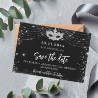 Maskeradefeest zwart zilver save the date kaart