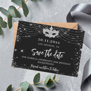 Maskeradefeest zwart zilver save the date kaart