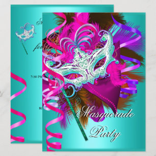 Maskerend bal masker turquoise roze metaalglans kaart