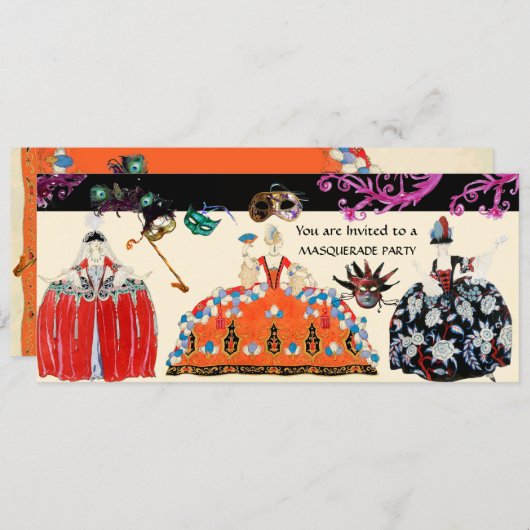 MASKERS EN ROCOCO-DAME MARDI GRAS MASKERBAL KAART (Voorkant / Achterkant)