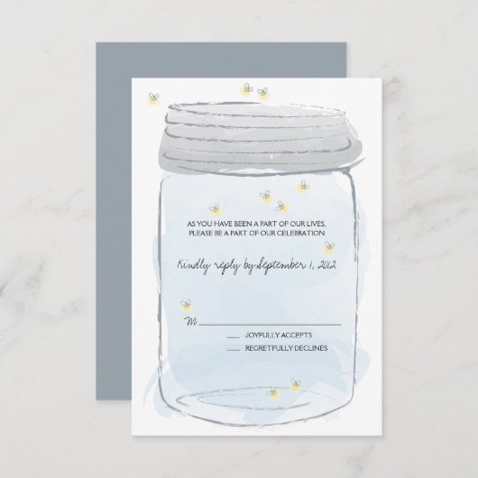 Mason bleu Jar et lucioles Mariage RSVP (Devant / Derrière)