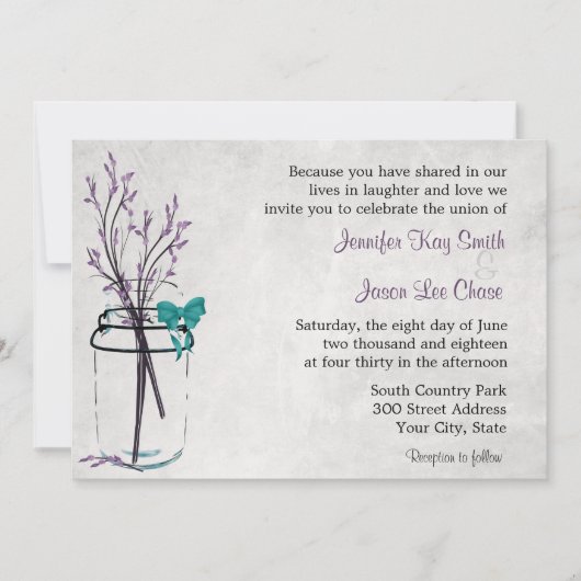Mason Jar avec des branches violettes Invitations (Devant)