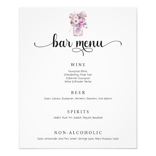 Mason Jar avec Fleurs Mariage Bar Menu Poster (Devant)