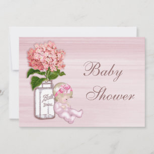 Mason Jar, Baby Girl, Pink Hydrangea Baby shower Kaart