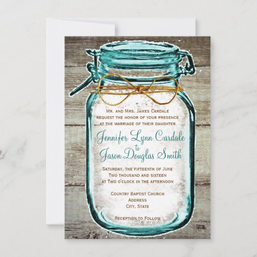 Mason Jar Barn Wood Rustic Wedding Invitations Kaart (Voorkant)