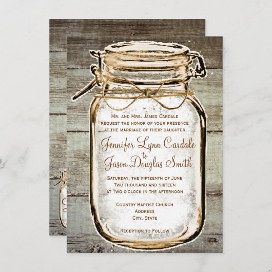 Mason Jar Barn Wood Rustic Wedding Invitations Kaart (Voorkant / Achterkant)