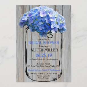 Mason Jar Barnwood Blue Hydrangeas Vrijgezellenfee Kaart