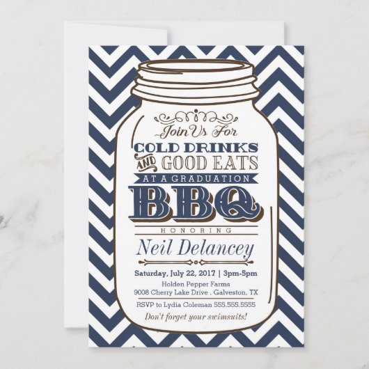Mason Jar BBQ Afstuderen Invitation, Chevron Navy Kaart (Voorkant)