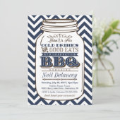 Mason Jar BBQ Afstuderen Invitation, Chevron Navy Kaart (Staand voorkant)