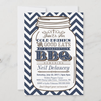 Mason Jar BBQ Afstuderen Invitation, Chevron Navy Kaart