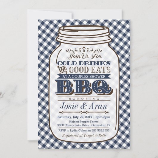 Mason Jar BBQ Invitation, Couples Shower Blue Kaart (Voorkant)