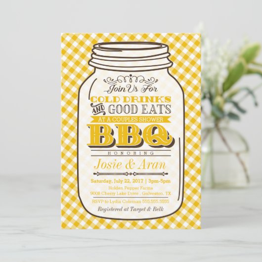 Mason Jar BBQ Invitation, Couples Shower, Yellow Kaart (Staand voorkant)