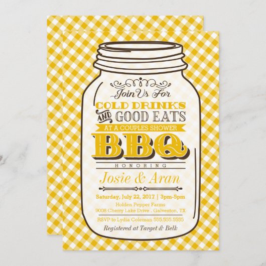 Mason Jar BBQ Invitation, Couples Shower, Yellow Kaart (Voorkant / Achterkant)