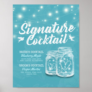 Mason Jar Blauwe Bloemige Trouwdag Signature Drank Poster