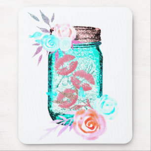 Mason jar bloem vlinder kus schattig roze lip blau muismat