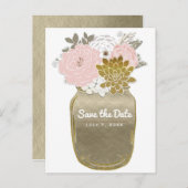 Mason Jar Bloemen Rustiek Roze Goud Save the Date Aankondigingskaart (Voorkant / Achterkant)