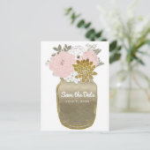 Mason Jar Bloemen Rustiek Roze Goud Save the Date Aankondigingskaart (Staand voorkant)