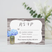 Mason Jar Blue Hydrangea Wood Weddenschap RSVP (Staand voorkant)