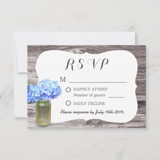 Mason Jar Blue Hydrangea Wood Wedding RSVP (Devant)