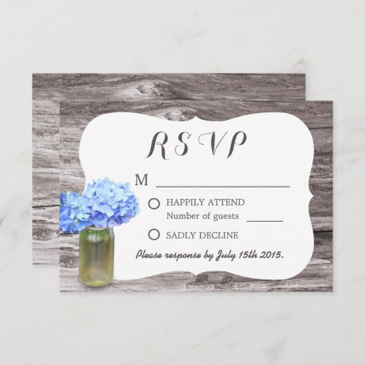 Mason Jar Blue Hydrangea Wood Wedding RSVP (Devant / Derrière)