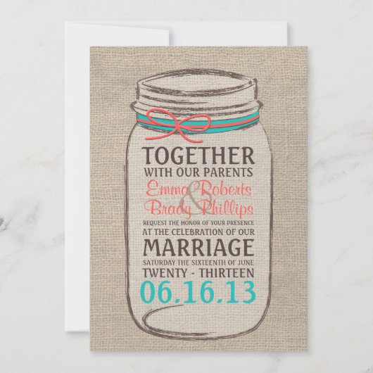 Mason Jar Burlap Faire-part de mariage rustique (Devant)