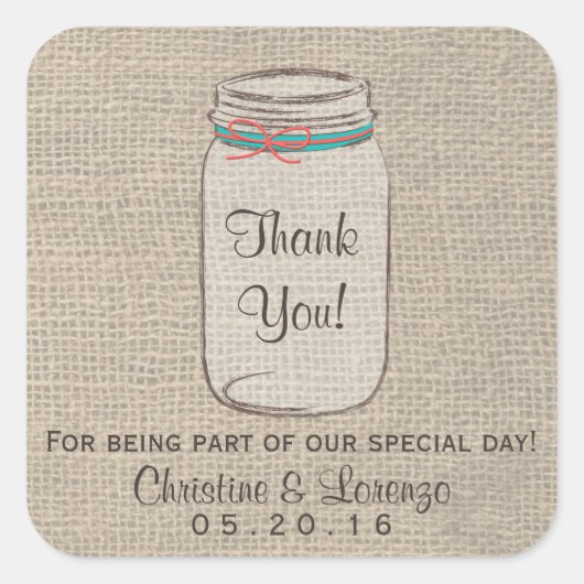 Mason Jar Burlap Rustieke Bruiloft Sticker (Voorkant)