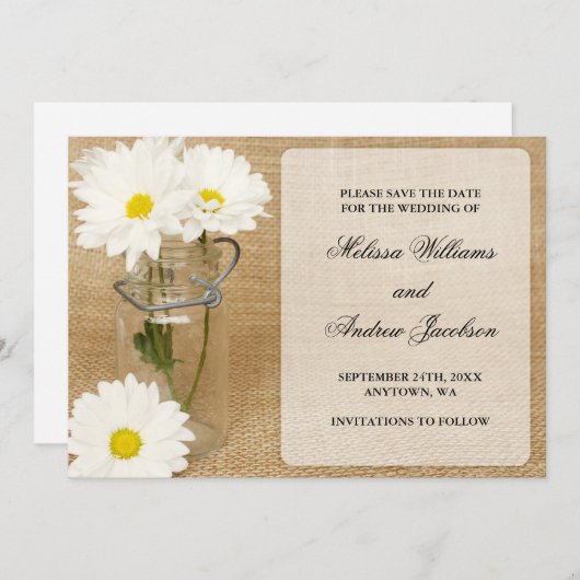 Mason Jar Burlap White Daisies Save the Date (Voorkant / Achterkant)