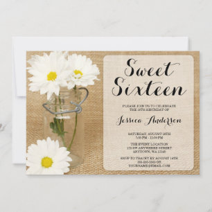 Mason Jar Burlap White Daisies Sweet 16 uitnodigin Kaart