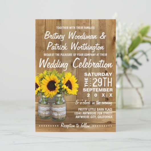 Mason Jar Burlap Zonnebloem Bruiloft Uitnodigingen (Staand voorkant)