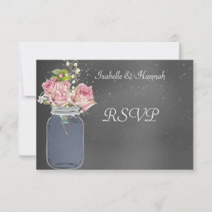 Mason Jar, Chalkboard, Lesbische bruiloft RSVP Kaa Kaartje