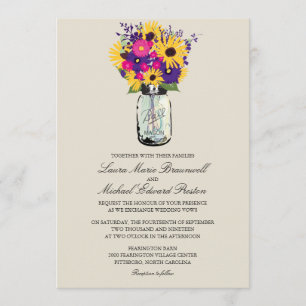 Mason Jar Daisies en Zonnebloemen Bruiloft Kaart