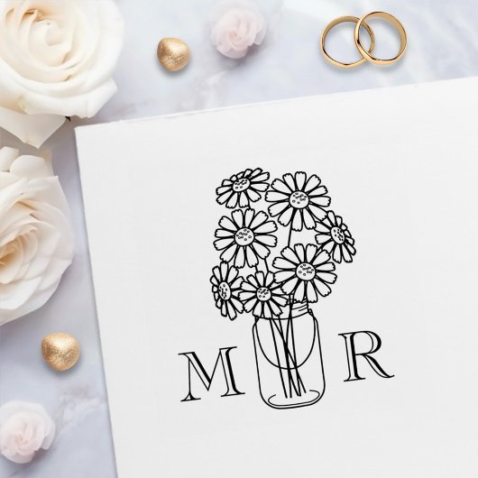 Mason Jar Daisy Flowers Huwelijk Monogram Initiale Zelfinktende Stempel