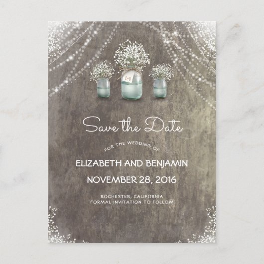 Mason Jar en Baby's Breath Rustic Save the Date Aankondigingskaart (Voorkant)