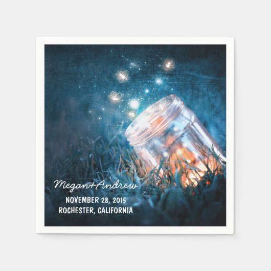 Mason Jar en Blauwe Vuurvliegjes bruiloft Servet (Voorkant)