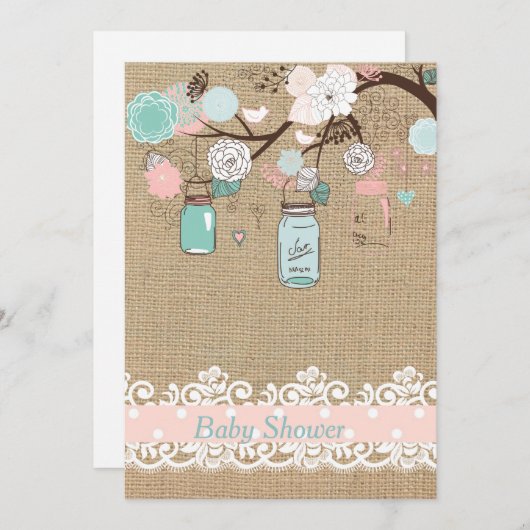 Mason Jar en Burlap Baby shower Invitation Kaart (Voorkant / Achterkant)