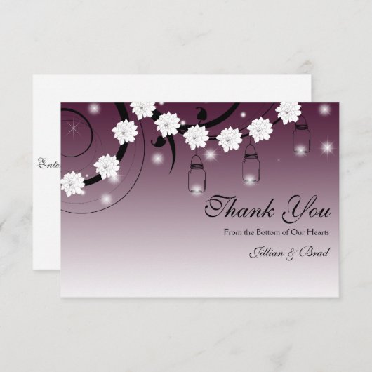 Mason Jar en Fireflies Dank je kaart - Plum (Voorkant / Achterkant)