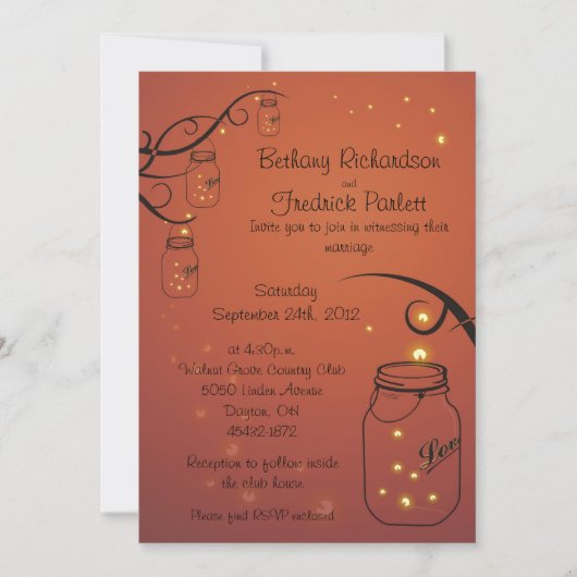 Mason Jar en Firefly Wedding Invitation Sinaasappe Kaart (Voorkant)