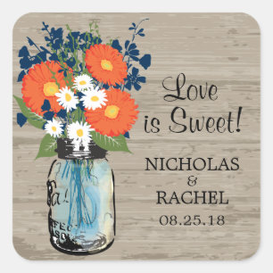 Mason Jar en Gerber Daisies Bruiloft Vierkante Sticker