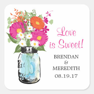 Mason Jar en Gerber Daisies Bruiloft Vierkante Sticker