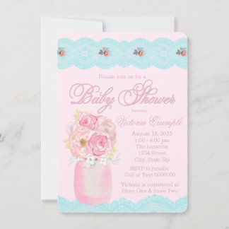 Mason Jar en Kant Waterverf Bloemen Baby Shower Kaart