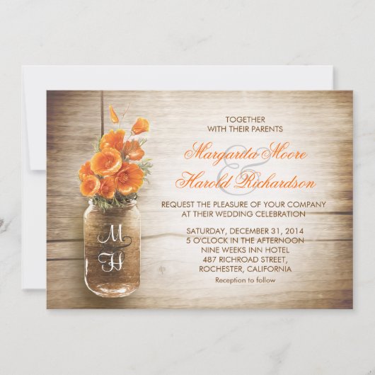 Mason jar en oranje bloemen huwelijksuitnodigingen kaart (Voorkant)