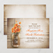 Mason jar en oranje bloemetjes slaan de datumkaart save the date (Voorkant / Achterkant)