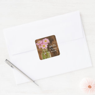 Mason Jar en Pink Daisies Country Barn Wedding Vierkante Sticker