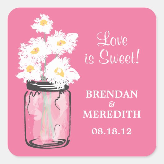 Mason Jar en White Daisies Wedding Vierkante Sticker (Voorkant)