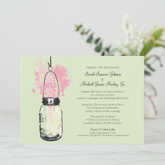 Mason Jar en Wildflowers Bruiloft Kaart (Staand voorkant)