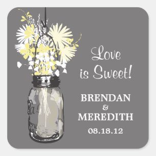 Mason Jar en Wildflowers Bruiloft Vierkante Sticker