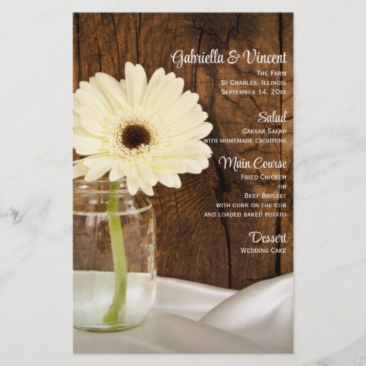 Mason Jar et White Daisy Mariage campagnard Menu (Devant)