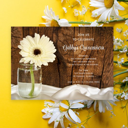 Mason Jar et White Daisy Quinceañera Invitation