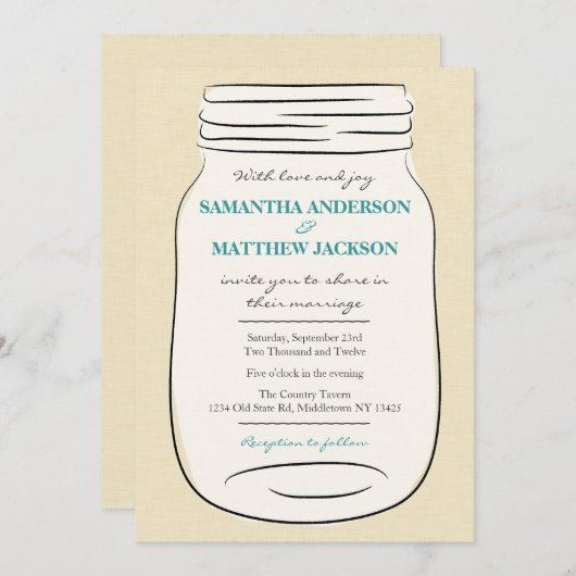 Mason Jar Faire-part de mariage - Turquoise (Devant / Derrière)