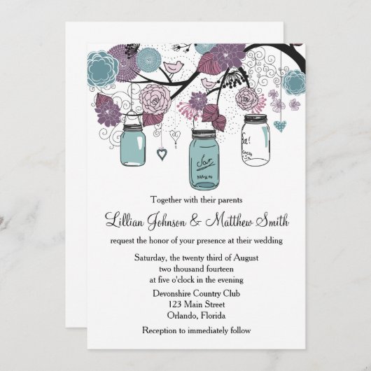 Mason Jar Faire-part de mariage - violet et bleu (Devant / Derrière)